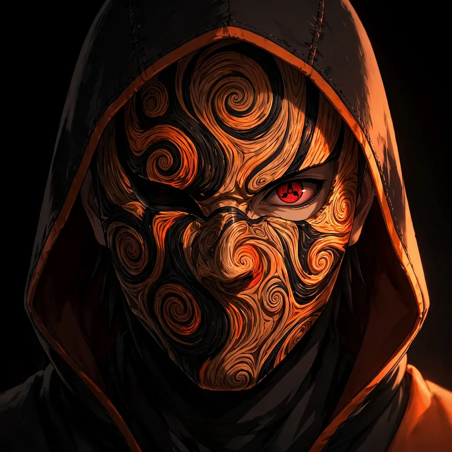Masked Obito pfps: original ornate spiral mask front portrait with red eyes