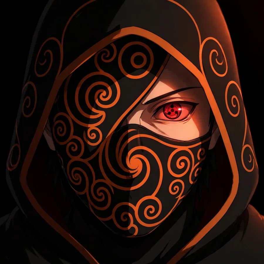 Obito pfp Sharingan: original clean hooded portrait with a sharp red eye