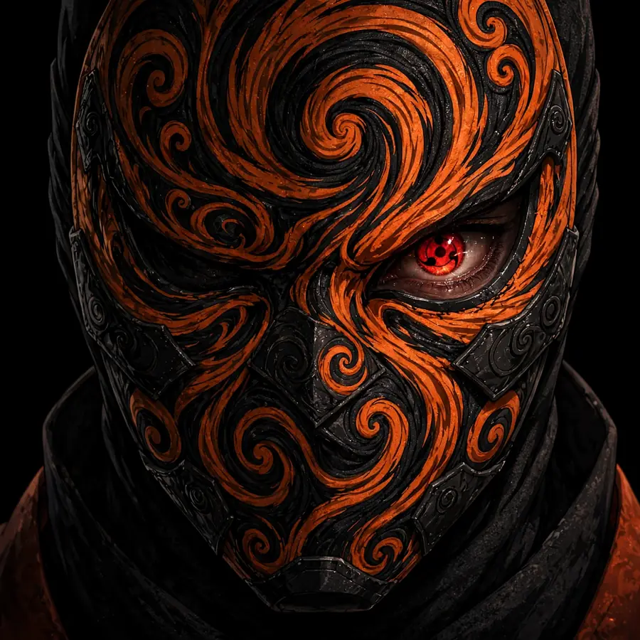 Sharingan Obito pfps: original oversized spiral mask close-up, glowing eye
