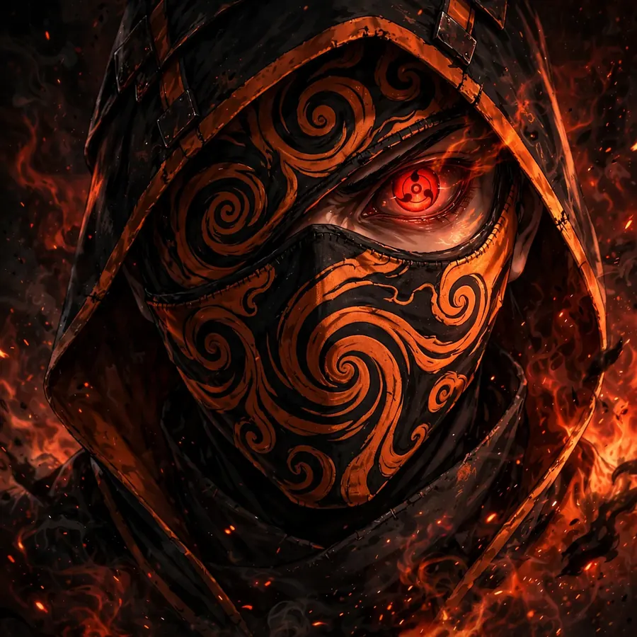 Sharingan Obito pfps: original extreme close-up with a huge red eye and embers