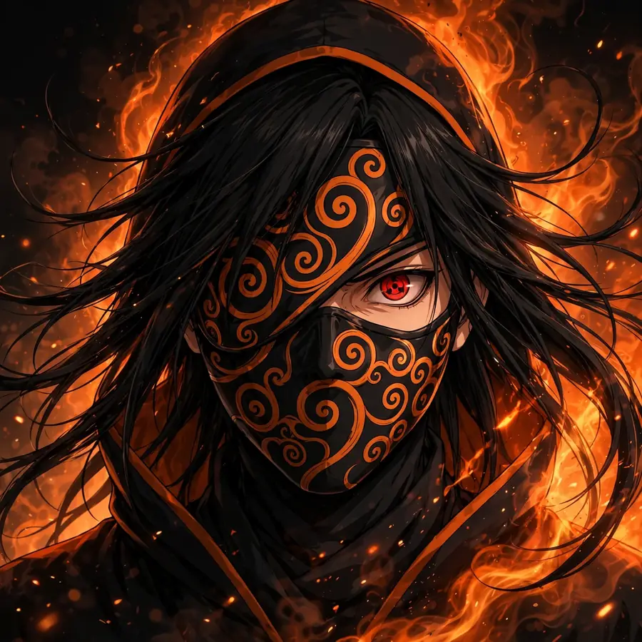Unmasked Obito pfp: original long-haired Obito with a half spiral mask in flames