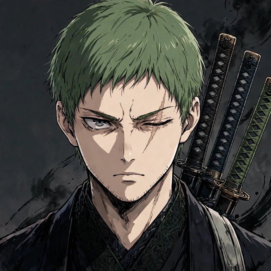 Cool one piece pfp: green-haired swordsman with three katanas over his shoulder