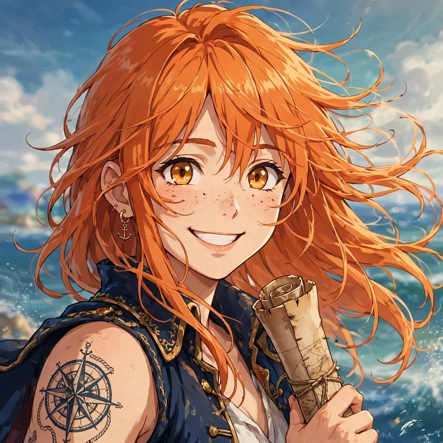 One piece girl pfp: original orange-haired pirate navigator smiling with a map