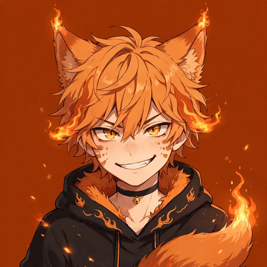 Orange anime pfp: cool anime fox boy with flame-tipped ears