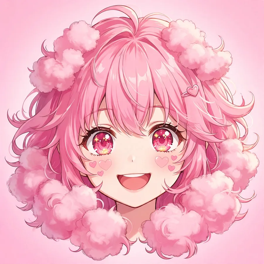 Kawaii pink anime girl pfp with cotton candy hair and heart blush marks