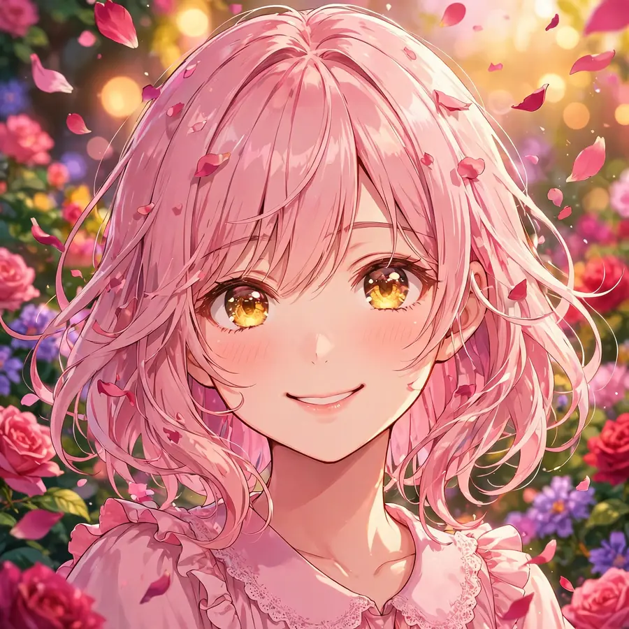 Cute pink anime girl pfp with falling rose petals and garden bokeh background