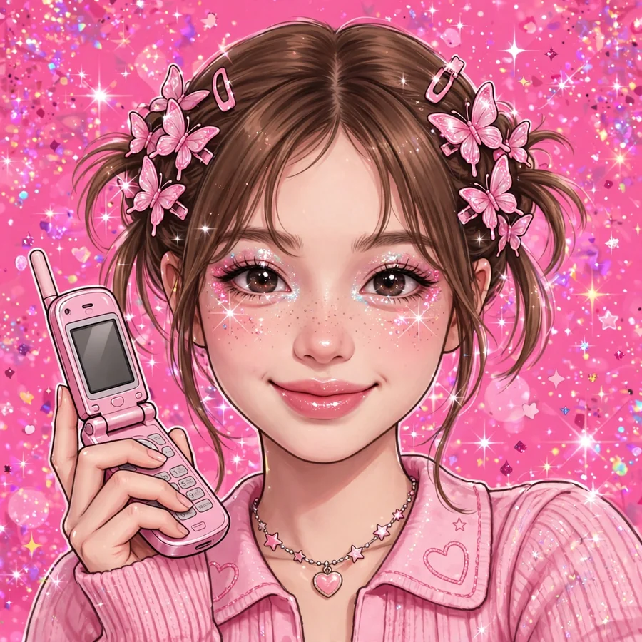Pink pfp y2k: y2k girl with pink butterfly clips holding a flip phone