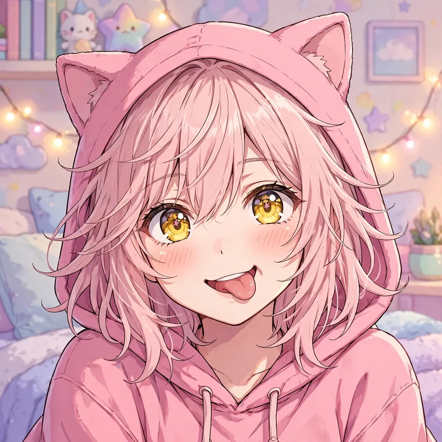 Playful anime girl pfp in pink cat-ear hoodie with tongue-out expression