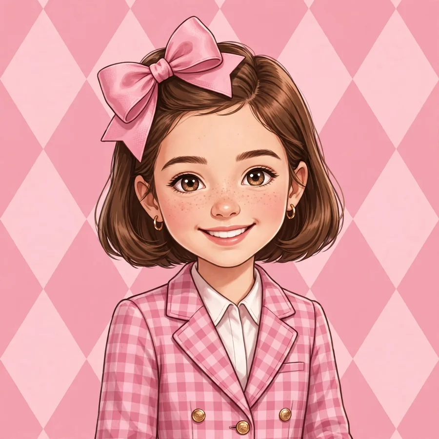 Preppy pink pfp: preppy girl with a big pink bow and checkered blazer