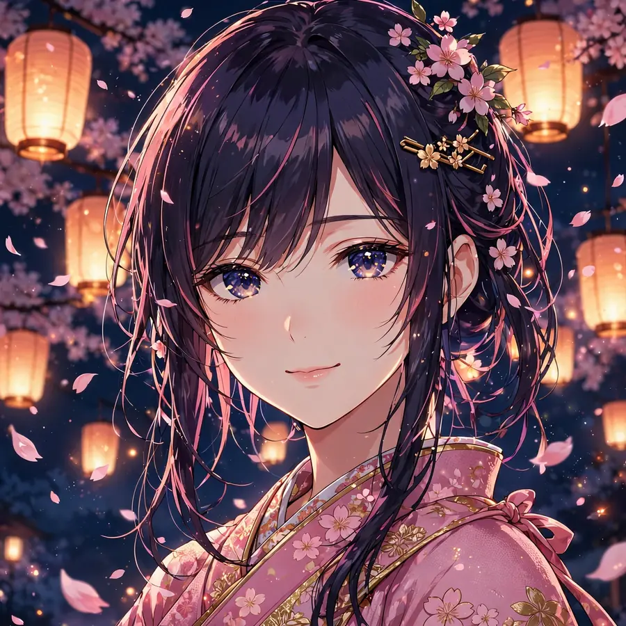 Anime girl pfp in pink kimono at sakura night scene with glowing lanterns