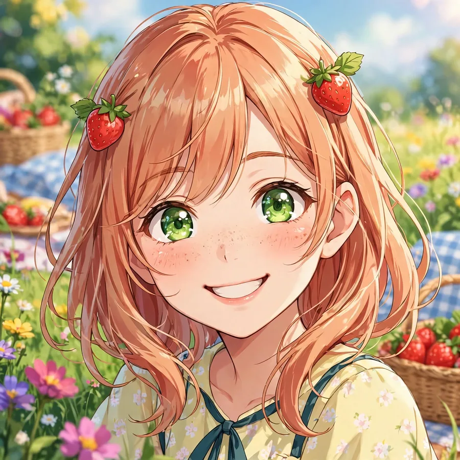 Fresh anime girl pfp with strawberry blonde hair and strawberry hairpins in sunny meadow