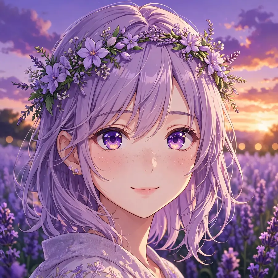 Purple anime girl pfp with lavender flower crown in a dusk flower field