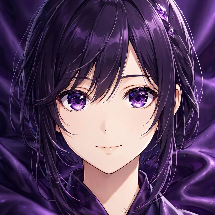 Dark purple anime girl pfp with deep amethyst eyes on silk background