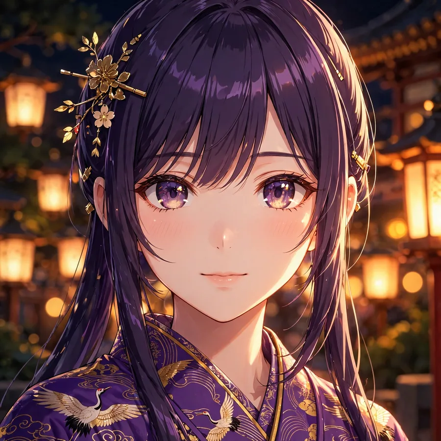 Purple anime girl pfp in kimono with gold patterns and glowing temple lanterns