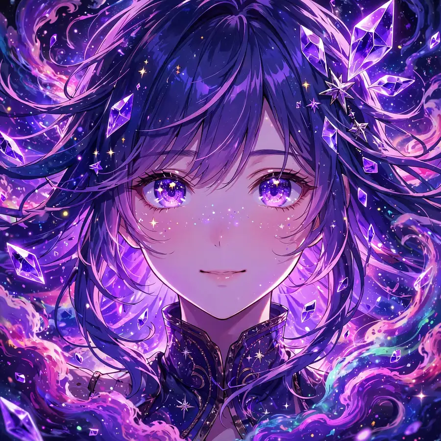 Cosmic purple anime girl pfp with nebula swirls and floating violet crystals