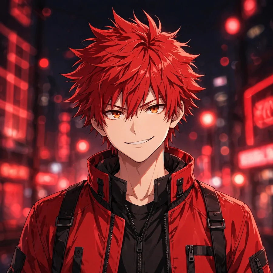 Red anime pfp: cool anime boy with spiky red hair and a red jacket