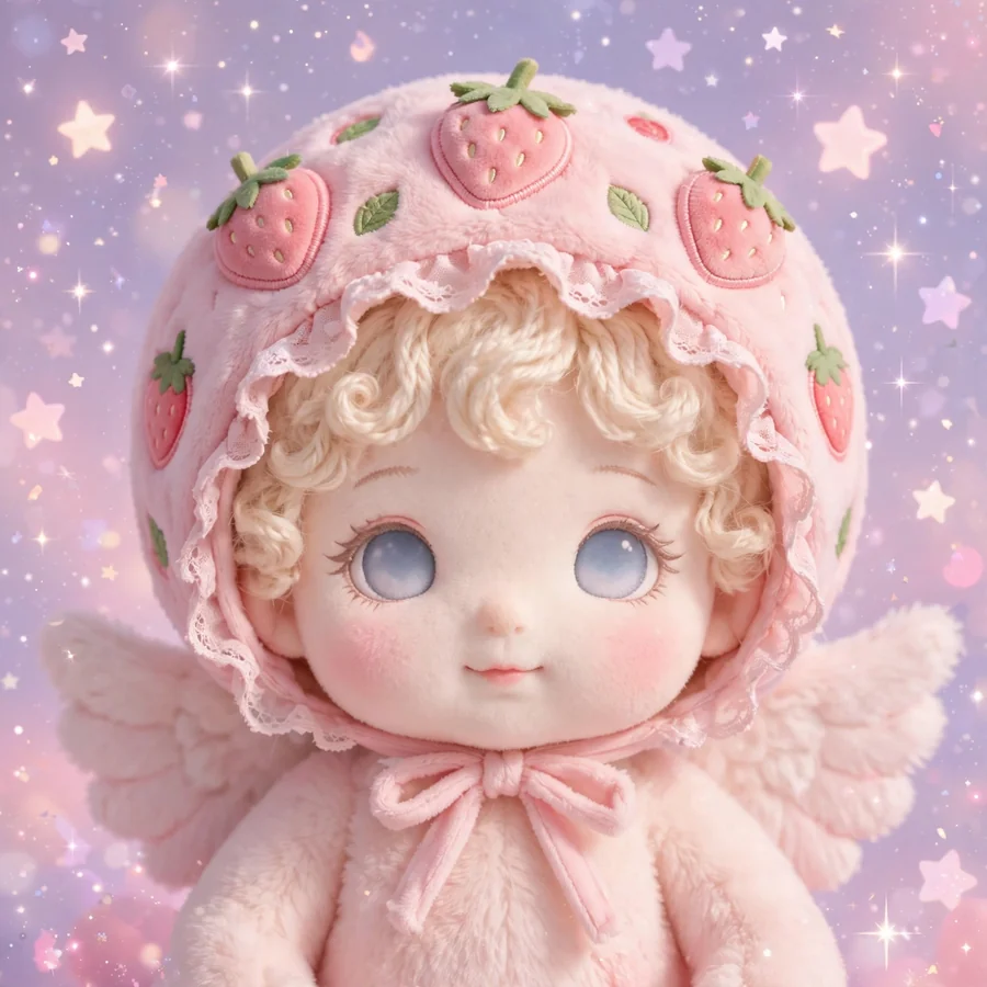 Sonny Angel aesthetic pfp: original strawberry bonnet on a starry pink sky