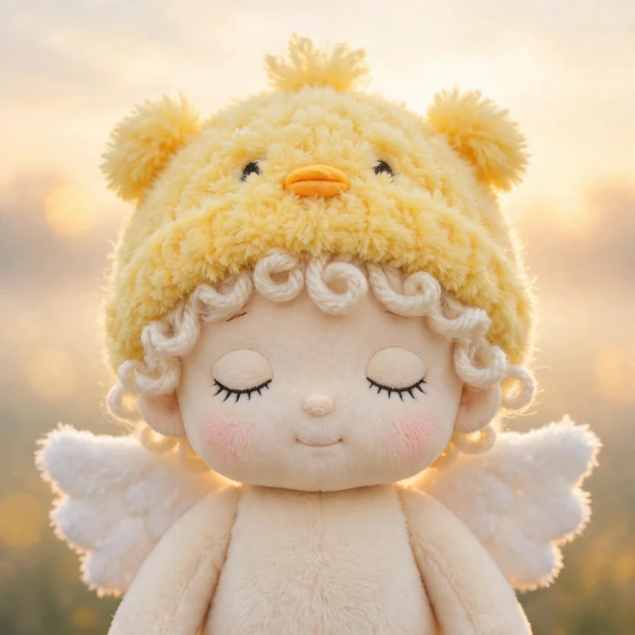 Sonny Angel pfp cozy: original yellow chick hat cherub at sunset