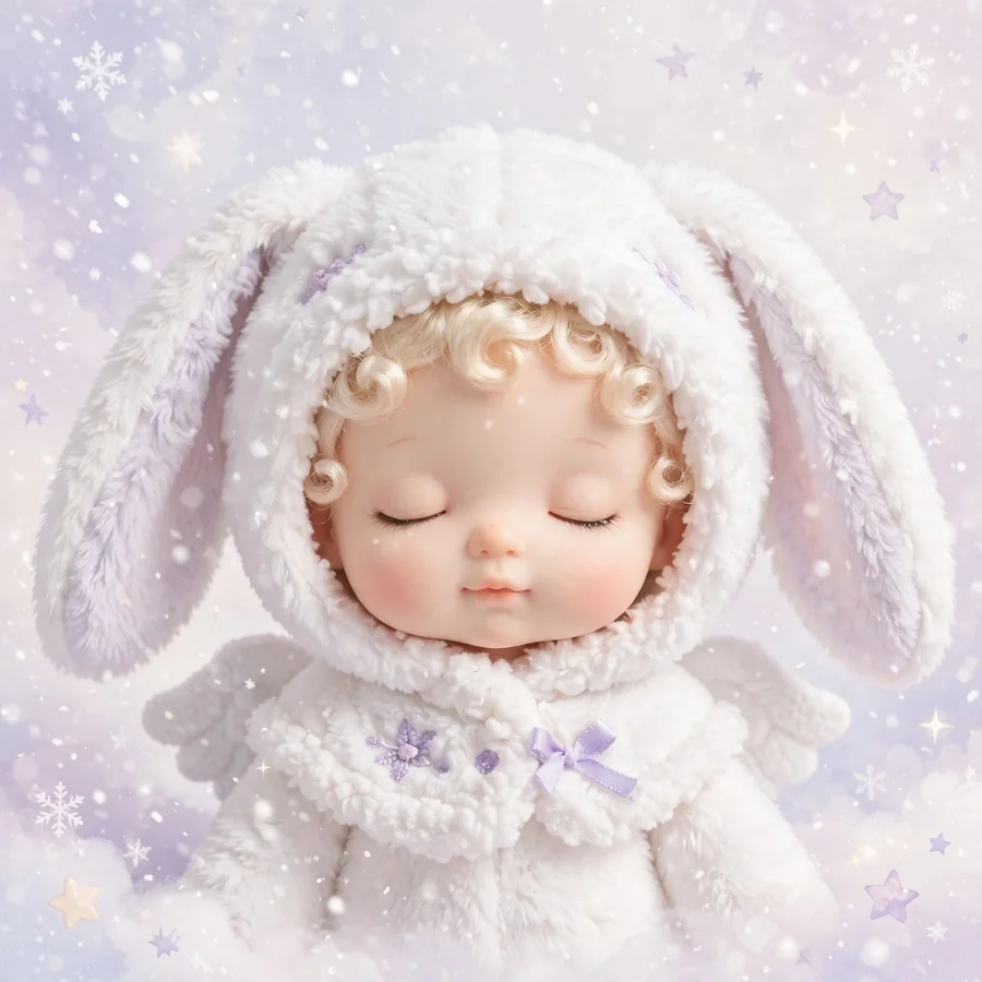 Cozy Sonny Angel pfp: original white bunny hood cherub asleep