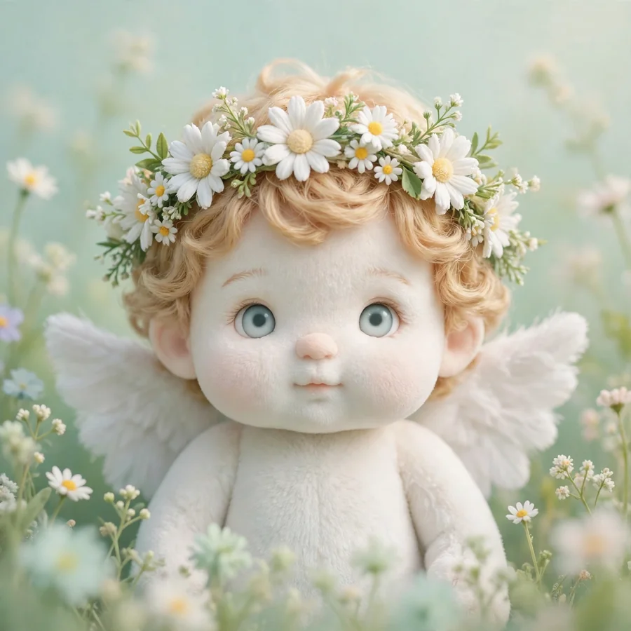 Flower Sonny Angel pfp: original daisy crown cherub in a flower field