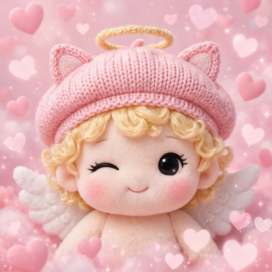 Cute Sonny Angel pfp: original winking cherub in a pink cat beanie