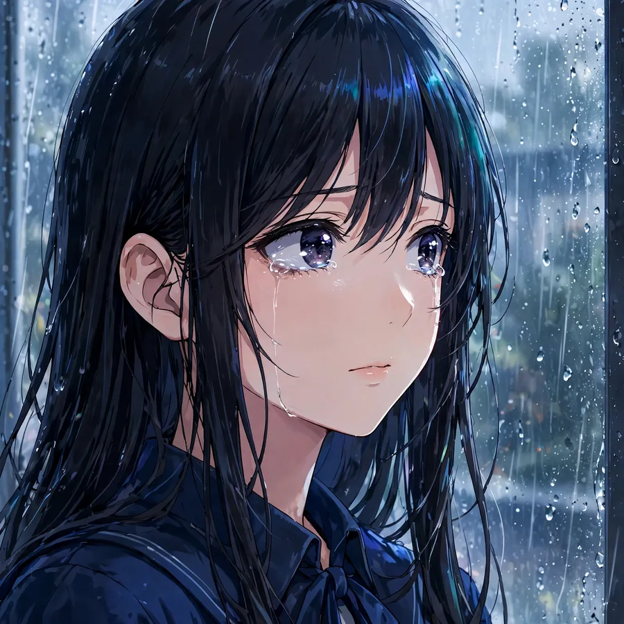 Sad anime girl pfp with tearful eyes gazing out rainy window in blue grey tones