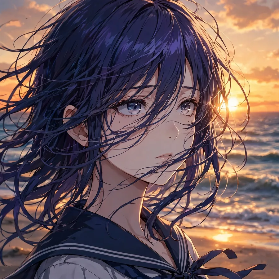 Sad anime girl pfp with windblown hair at lonely sunset beach, wistful expression