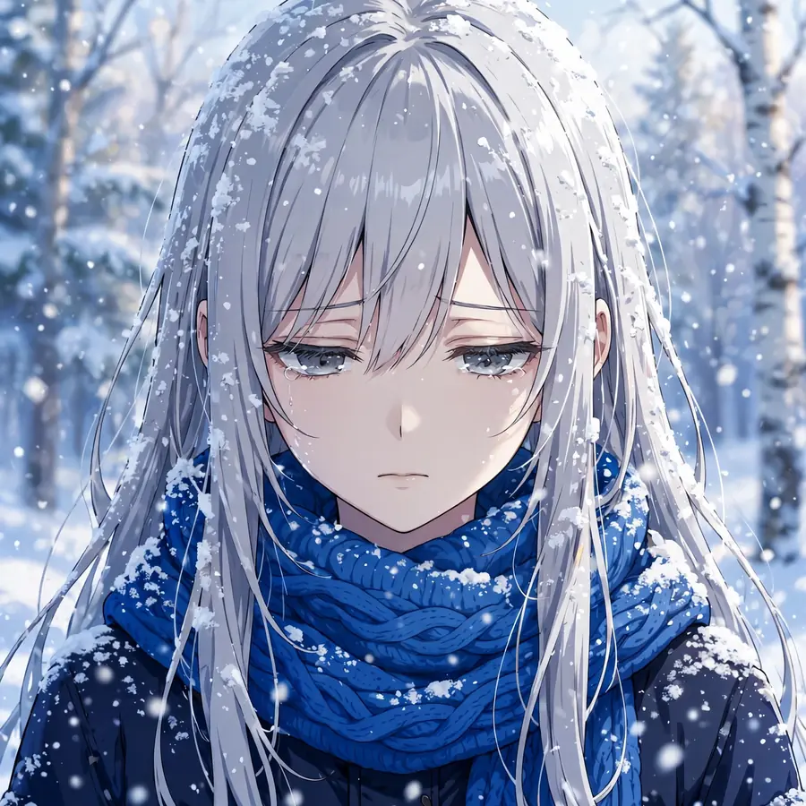 Sad anime girl pfp with downcast eyes in falling snow, pale winter light