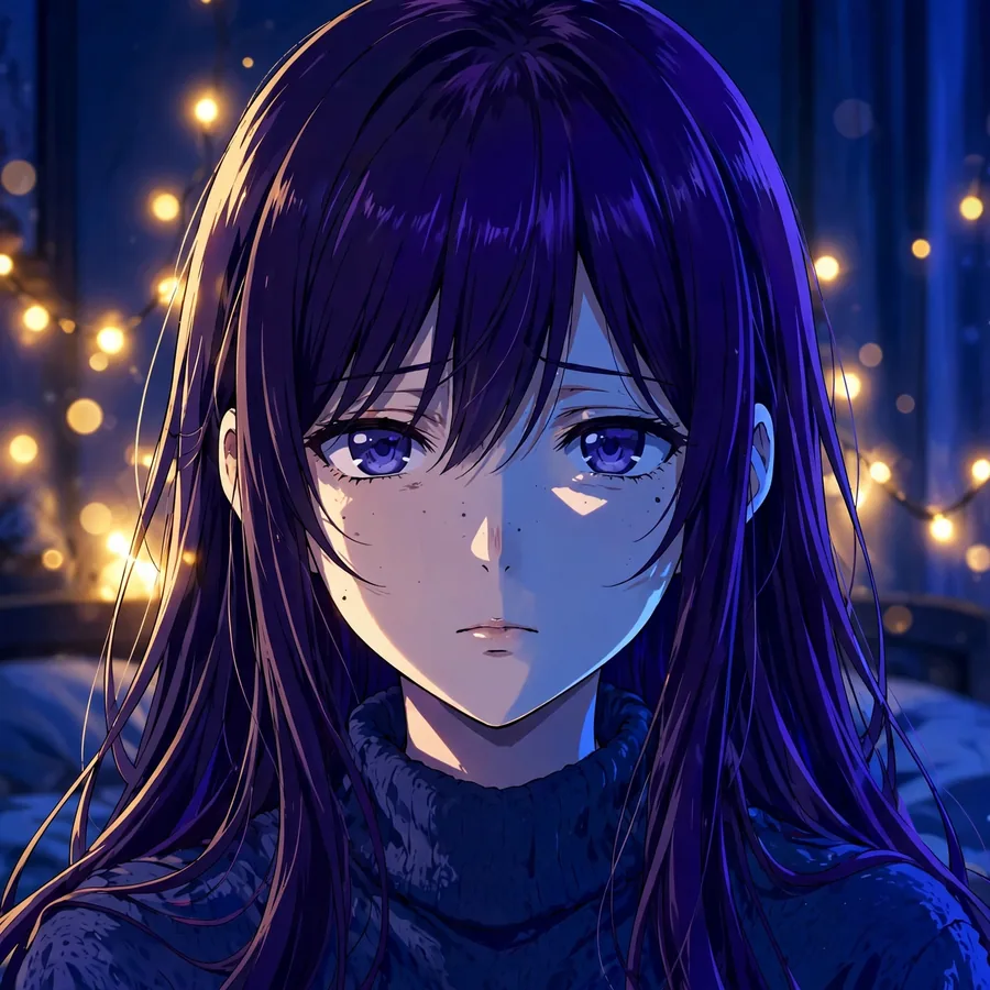 Sad anime girl pfp melancholic in dim blue bedroom with warm fairy lights bokeh