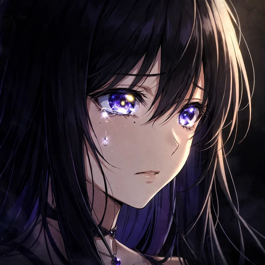 Sad anime girl pfp with single sparkling tear on cheek under soft spotlight in dark background