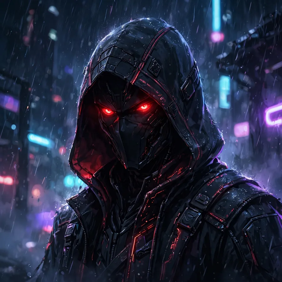 Cool dark pfp: original hooded figure with glowing red eyes in neon rain