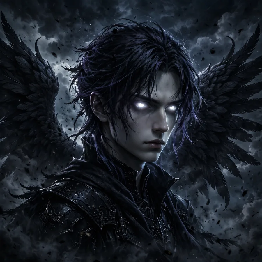 Dark cool pfp: original dark angel with black wings and glowing white eyes