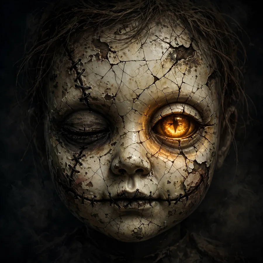 Creepy pfp: original vintage doll face with cracked skin and glowing eye
