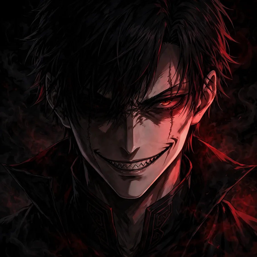 Dark anime pfp: original anime villain face half in shadow with sharp grin