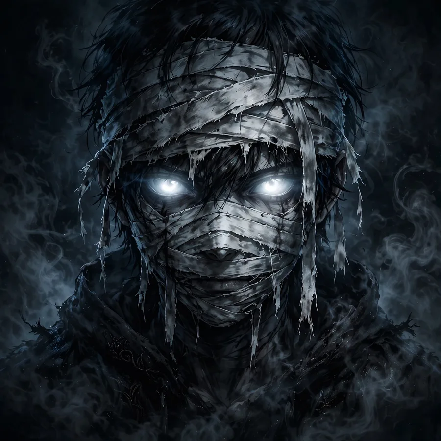 Dark pfp anime: original bandaged anime face with glowing eyes in dark mist