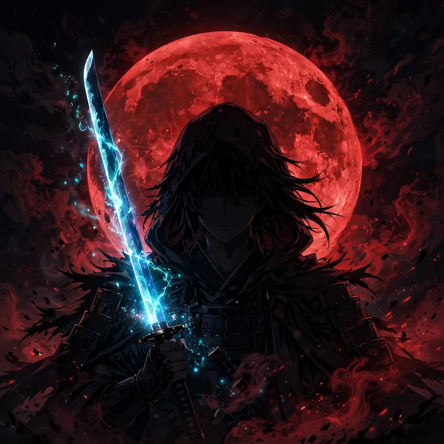 Anime dark pfp: original dark anime warrior silhouette with crimson moon