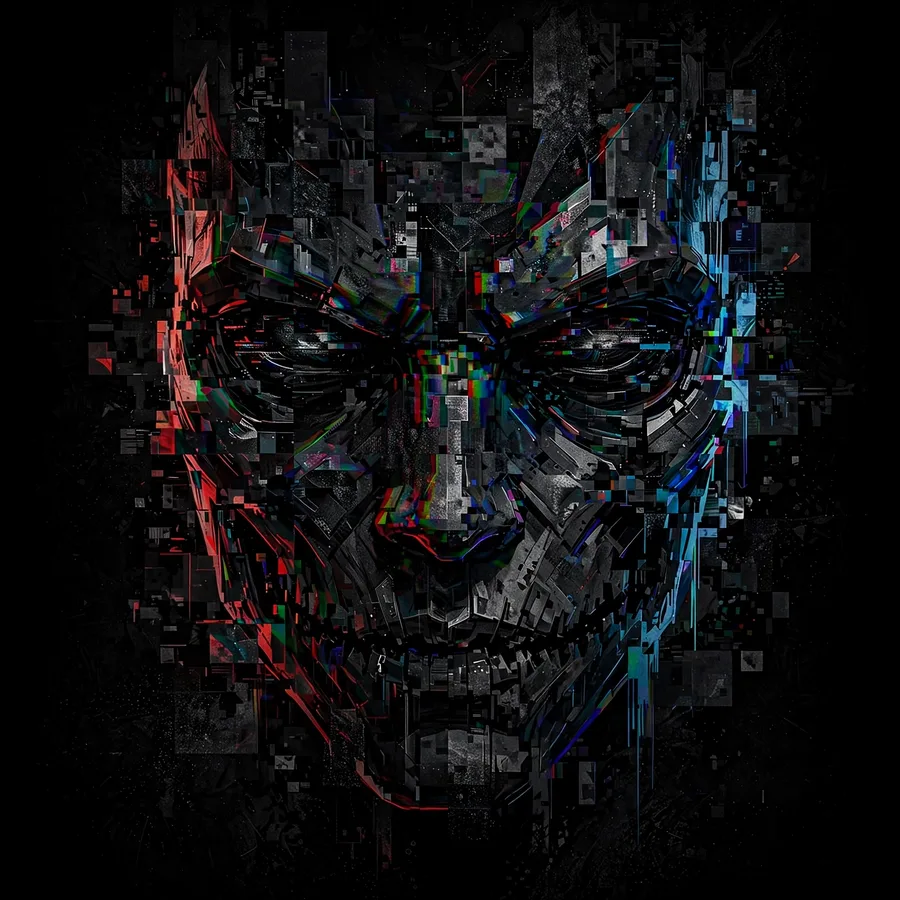 Edgy scary pfp: original glitch-art distorted dark face with RGB split