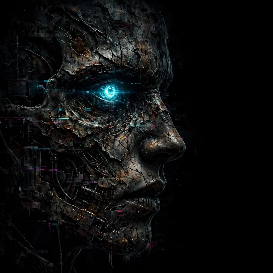 Edgy scary pfp: original half-face in darkness with glowing eye and grunge texture