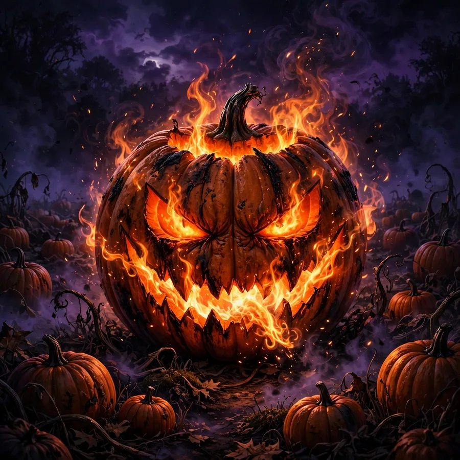 Halloween pfp scary: original blazing jack-o-lantern in a dark pumpkin patch