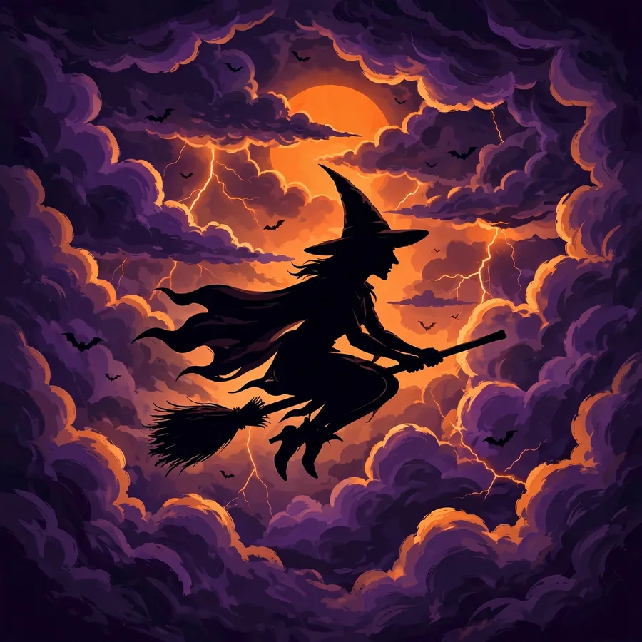 Halloween scary pfp: original witch with glowing green eyes under purple sky