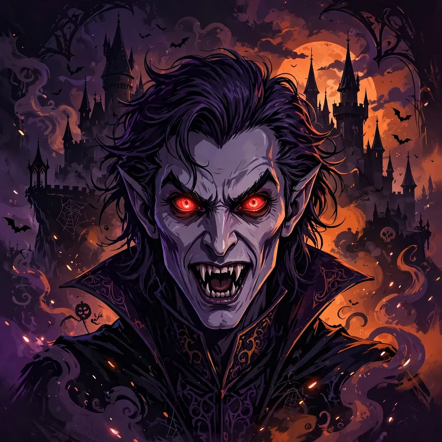 Scary halloween pfp: original vampire face with glowing red eyes and fangs