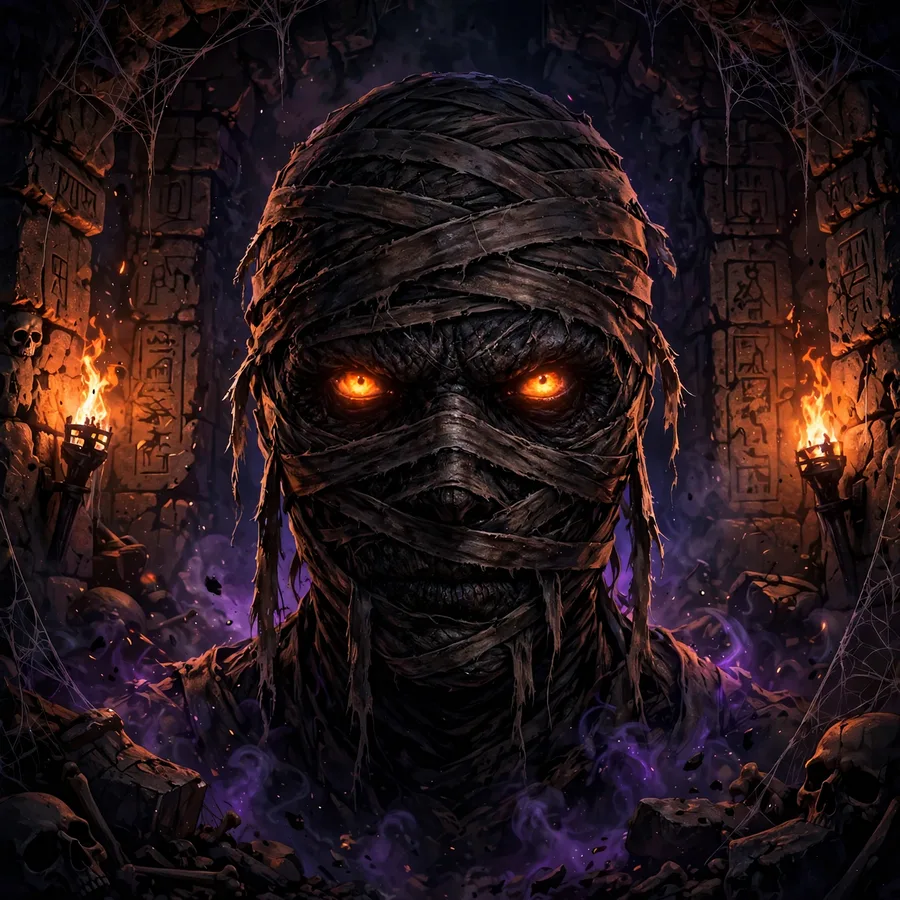 Halloween pfp: original mummy-wrapped face with glowing eyes in a tomb