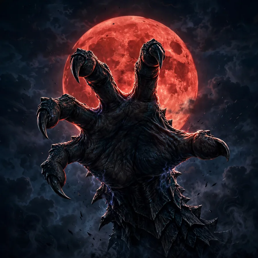 Horror pfps: original clawed hand scratching toward viewer under blood-red moon