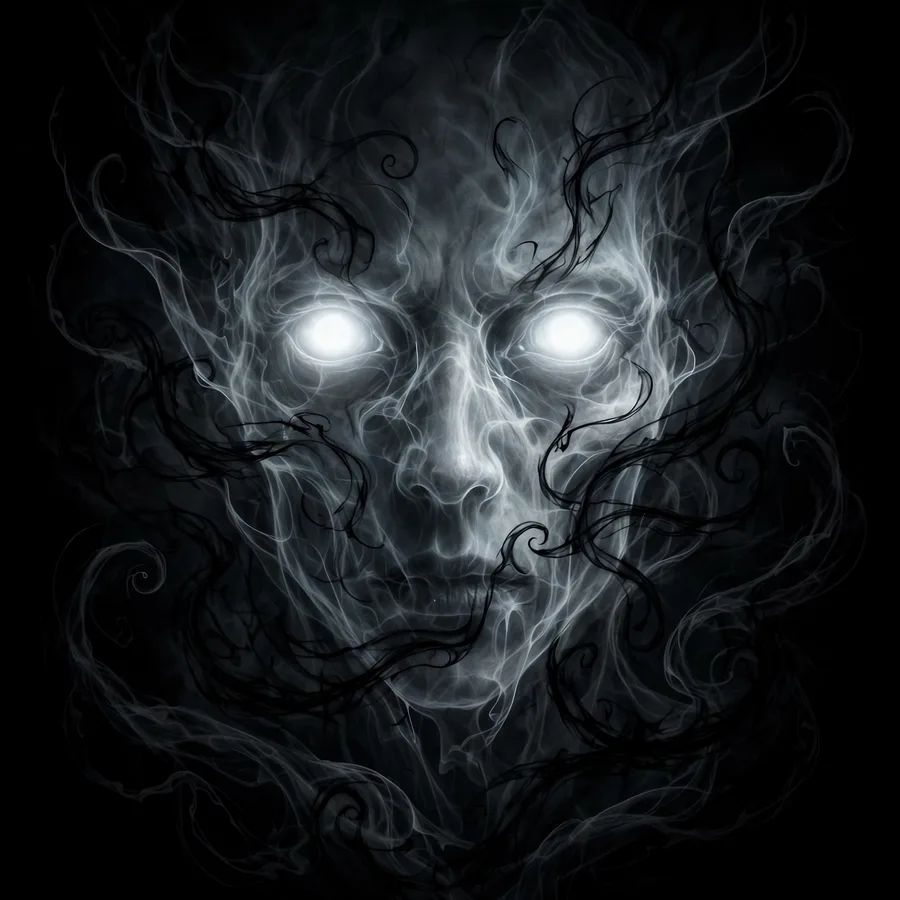 Scary pfp: original ghostly pale face with glowing white eyes in darkness