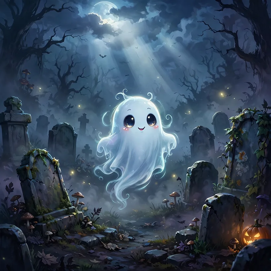 Spooky pfps: original friendly ghost floating in a foggy graveyard