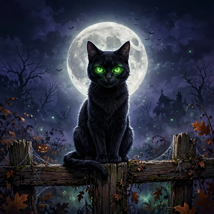 Spooky pfp: original black cat with glowing green eyes on a fence at midnight