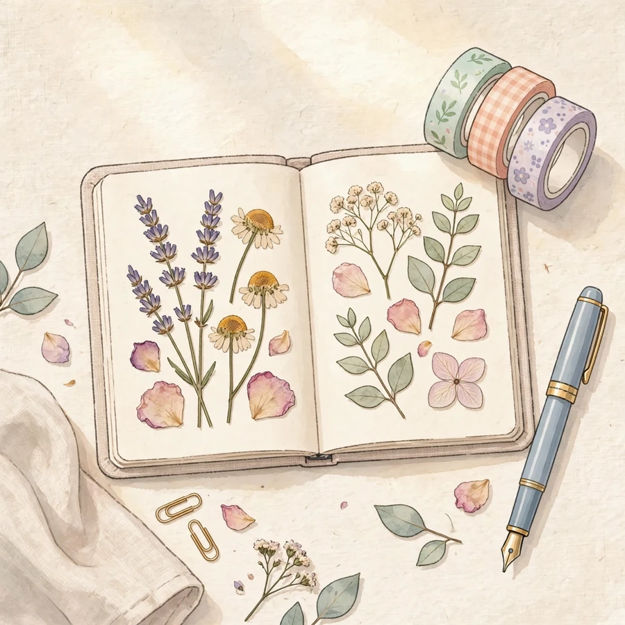 Aesthetic pfps for school: notebook with dried flowers and washi tape