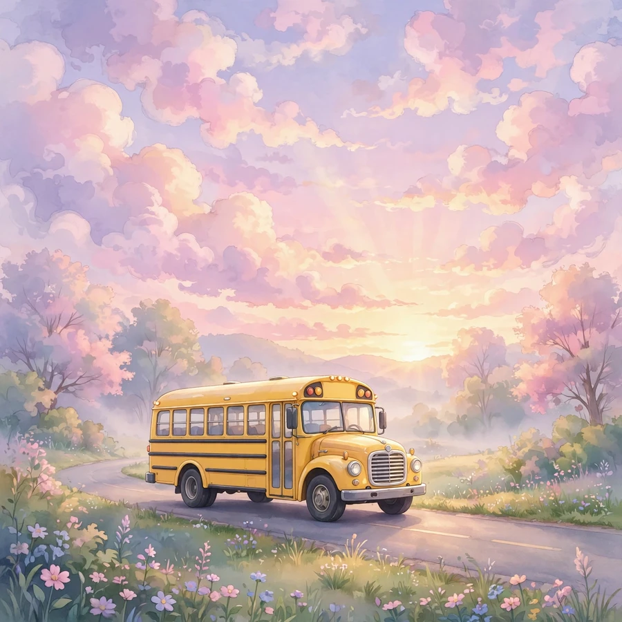 School pfp aesthetic: pastel clouds over a yellow school bus