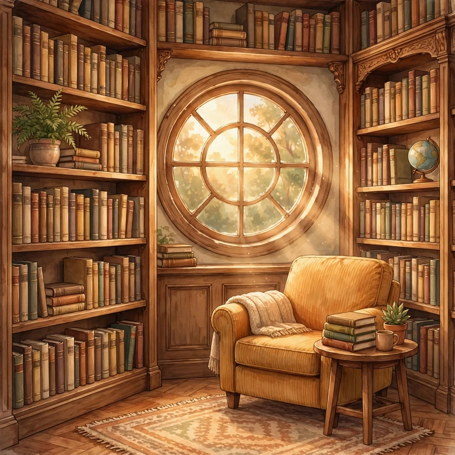 Aesthetic school pfp: cozy old library with warm window light