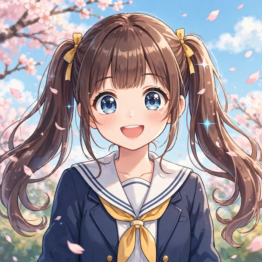 Anime school pfp: cheerful anime schoolgirl with cherry blossoms